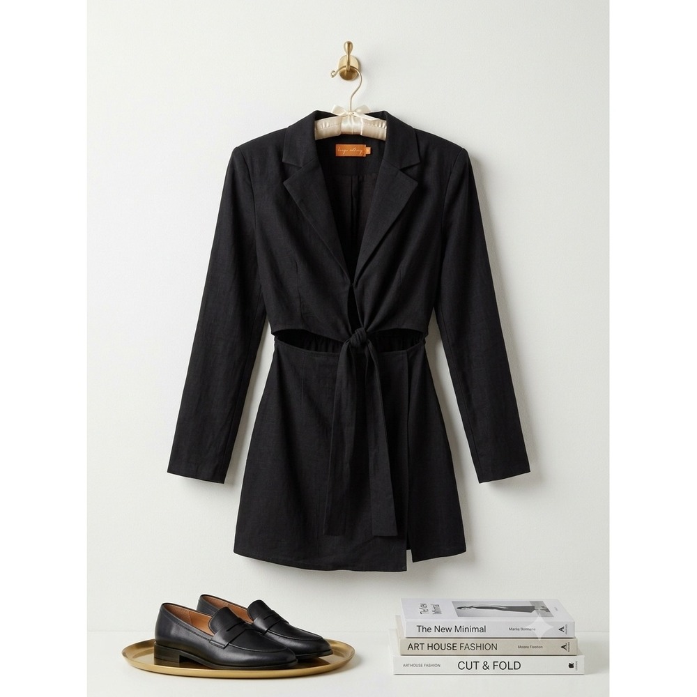 Beige Botany Womens Black Long Sleeve Cutout Tie Front Blazer Mini Dress Small